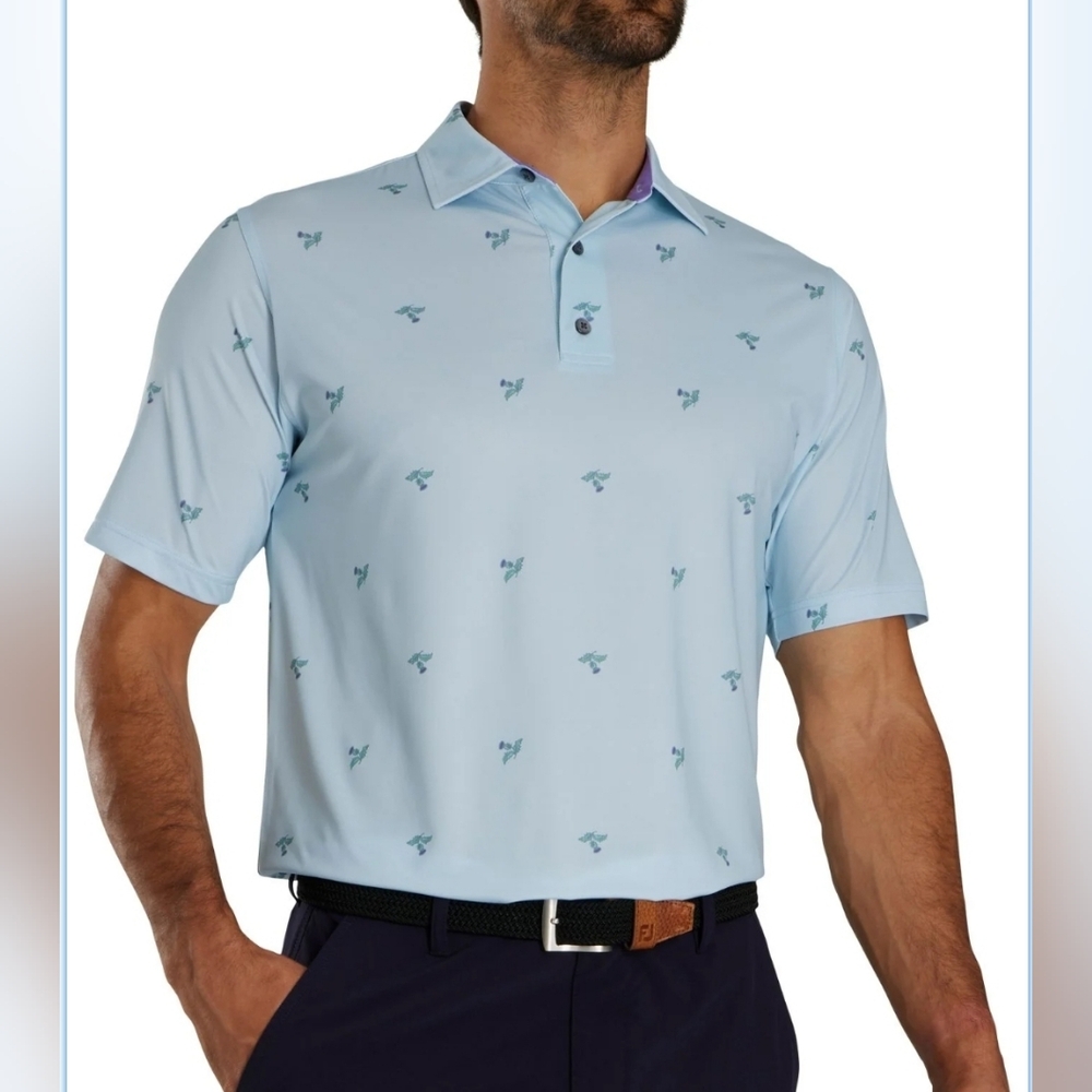FootJoy Thistle Print Lisle Self Collar Golf Polo - Mist Size XL